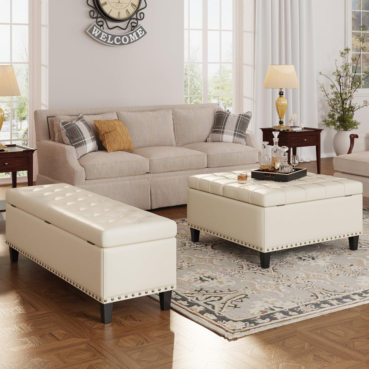 FiveWillowise Tufted Square Ottoman Coffee Table with Storage, Leather Upholstered Cube Storage Ottoman, Oversized Footrest Stool Toy Box Storage for Livingroom Bedroom, Ivory White FiveWillowise