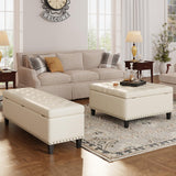 FiveWillowise Tufted Square Ottoman Coffee Table with Storage, Leather Upholstered Cube Storage Ottoman, Oversized Footrest Stool Toy Box Storage for Livingroom Bedroom, Ivory White FiveWillowise