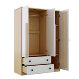 Merax 3-Doors Wooden Rattan Wardrobe Storage Shelves and Hanging Rail for Clothes for Bedroom, with 2 Drawers, White+Nature Merax