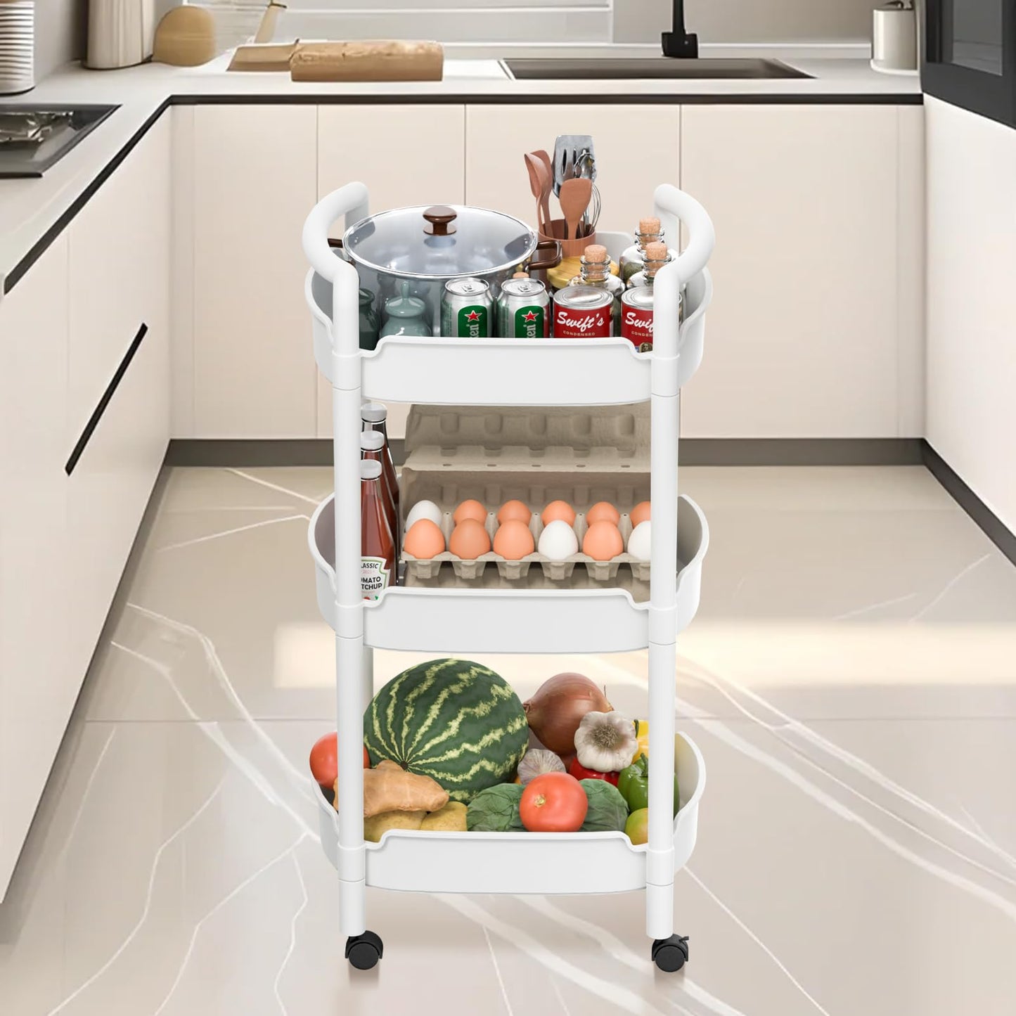 HUXMEYSON 3 Tier Rolling Cart, Multi-Functional Storage Utility Cart, Plastic Rolling Cart with Handle and Lockable Wheels, Versatile Storage Cart for Kitchen, Bathroom, Office, White