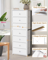 Mifuro Tall Fabric Dresser for Bedroom, Vertical Storage Organizer Tower with 7 Drawers, Chest of Drawers with Fabric Bins, Steel Frame, Wood Top for Bedroom, Closet, Entryway- White Mifuro