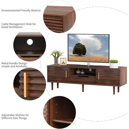 Mid-Century Modern TV Stand for TVs up to 65" Wood TV Console Media Cabinet with Drawer, Sliding Door Storage Cabinet, Open Shelf Home Entertainment Center for Living Room and Bedroom, Brown 59"