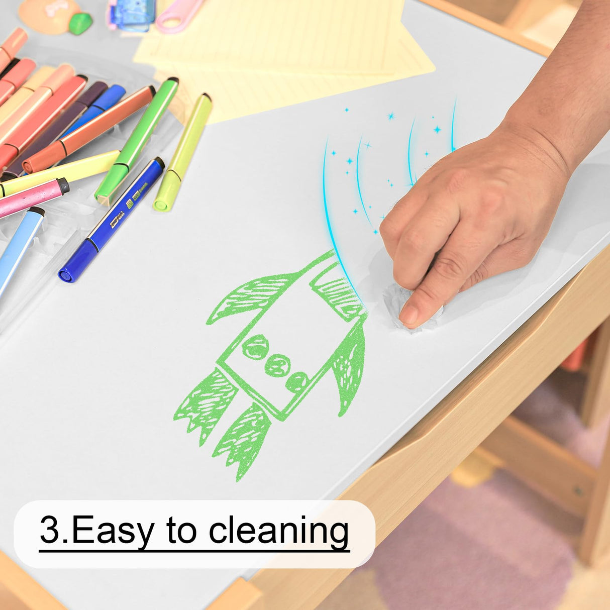 Romswi 3 in 1 Wooden Kids Table and Chair Set with Storage Drawer, Double-Sided Detachable Tabletop for Crafts, Drawing, Reading, Playroom - Ages 5-8 Romswi