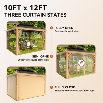 10' X 12' Outdoor Hardtop Gazebo Wooden Finish Coated Aluminum Frame Gazebo with Galvanized Steel Double Roof Permanent Metal Pavilion with Curtains and Netting - Wood Brown