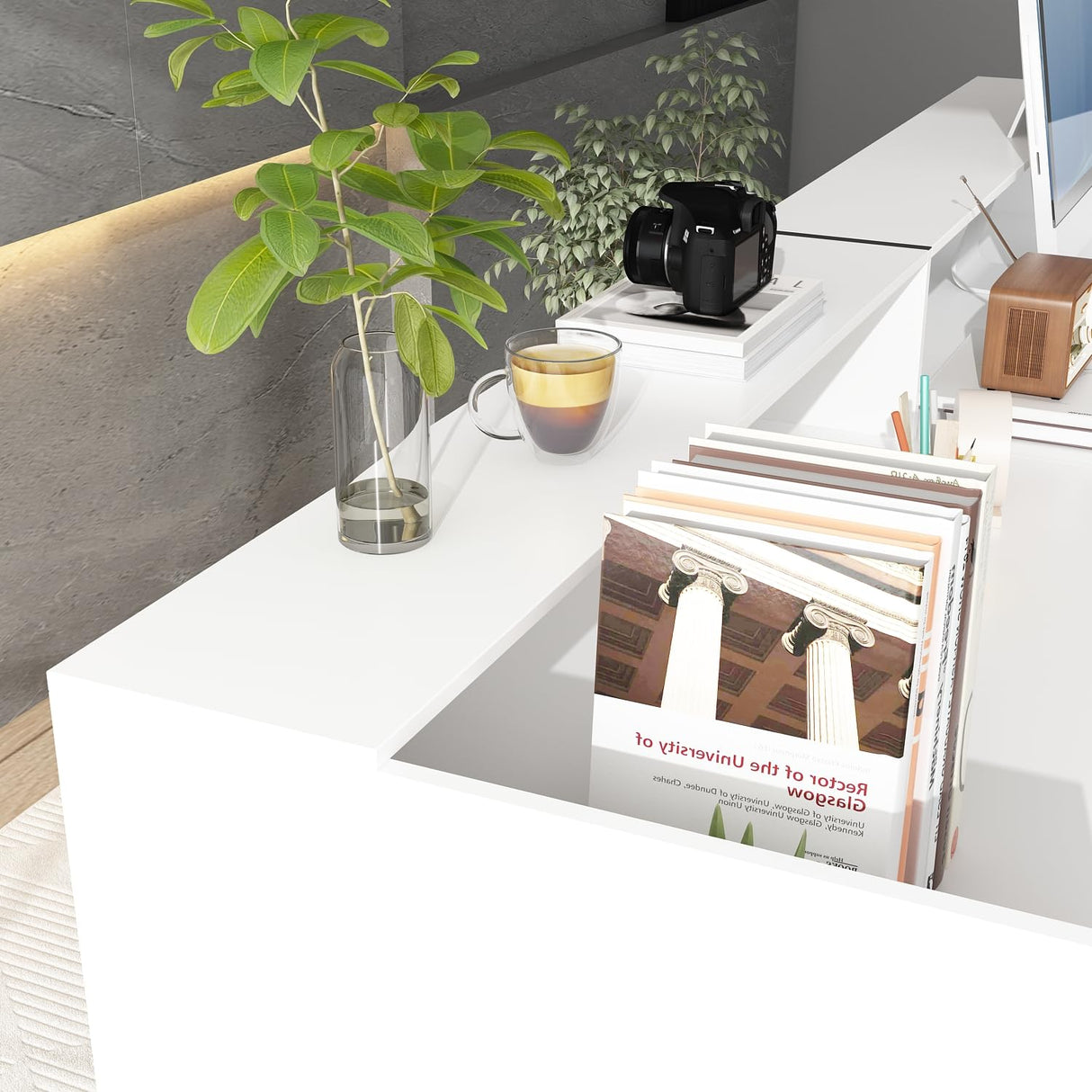 FAMAPY Reception Desk with Shelves, Modern Front Counter Table Checkout Retail Counter for Reception Room Lobby Shop, White and Black, 23.6”D x 86.6”W x 39.3”H FAMAPY