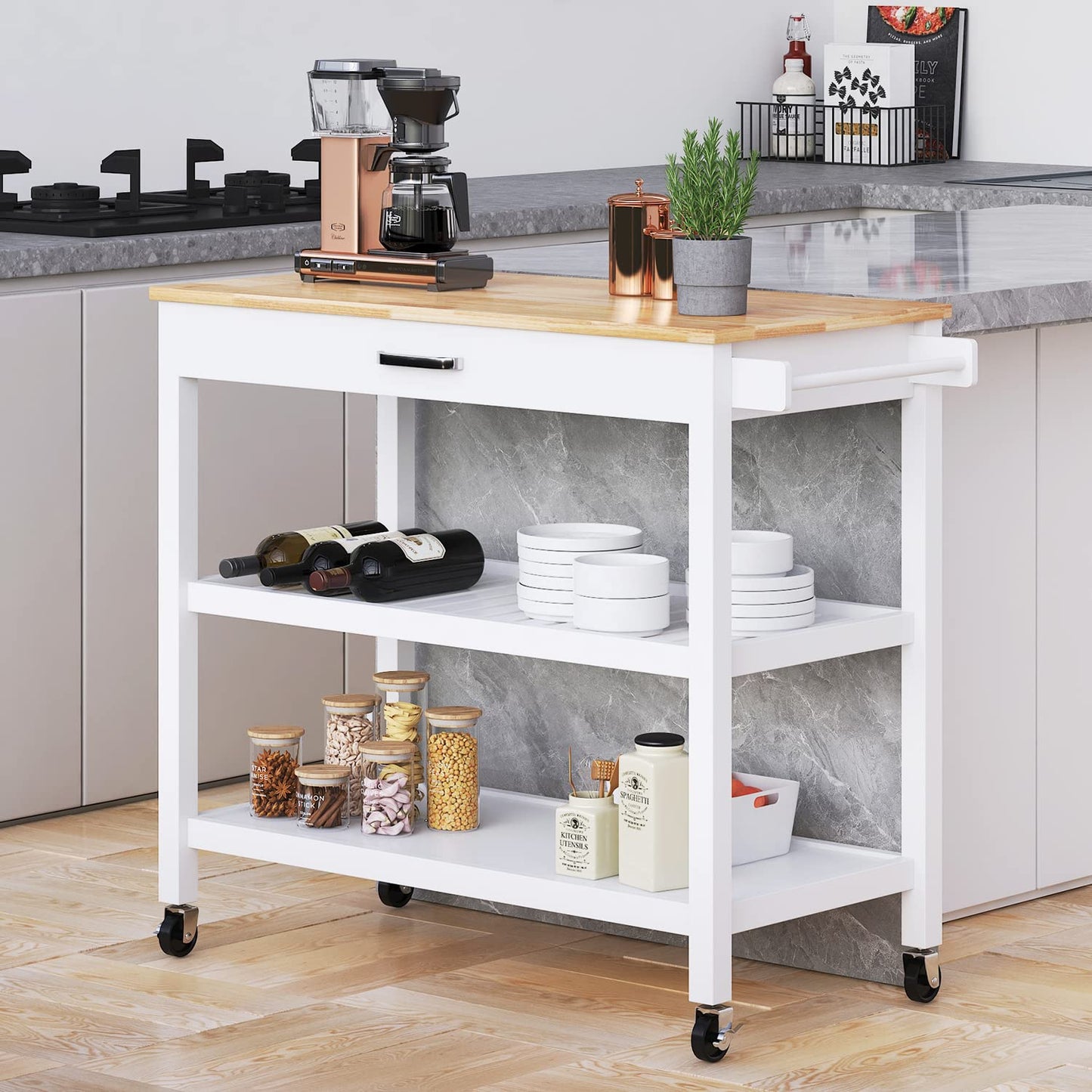 Kitchen Island Carts on Wheels with Storage – Mobile Rolling Cart with Storage Drawer and Shelves, Kitchen Islands Table with Towel Rack, Rubberwood Top, for Kitchen and Dining Room, White - WoodArtSupply