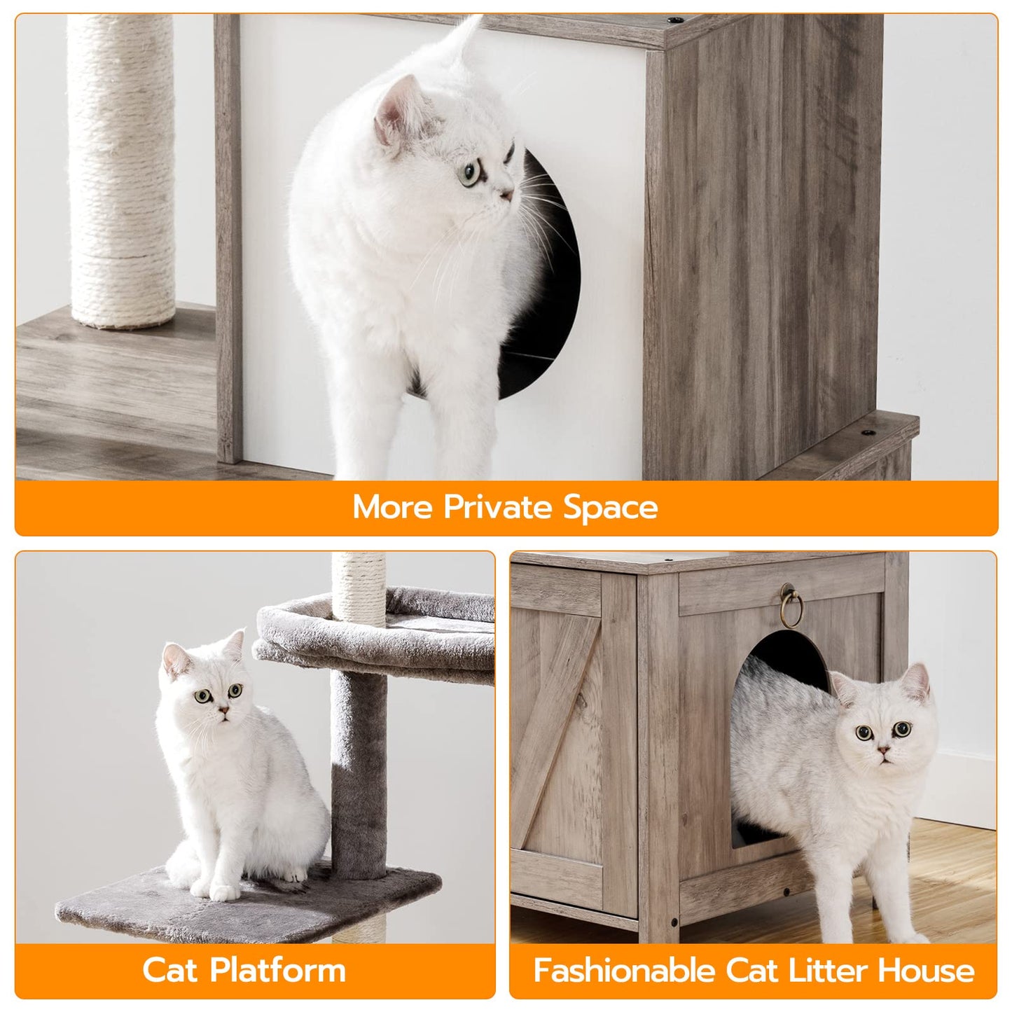 HOOBRO Cat Tree Tower with Litter Box Enclosure for Indoor Cats, Wooden Cat Condo with Scratching Posts, Cat Litter Box Furniture Hidden, All-in-One Cat Toy with Cat House, Greige BG15MZ03