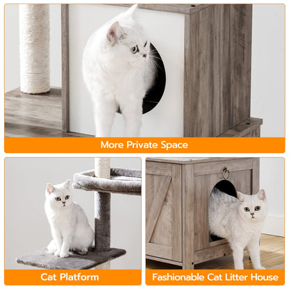 HOOBRO Cat Tree Tower with Litter Box Enclosure for Indoor Cats, Wooden Cat Condo with Scratching Posts, Cat Litter Box Furniture Hidden, All-in-One Cat Toy with Cat House, Greige BG15MZ03