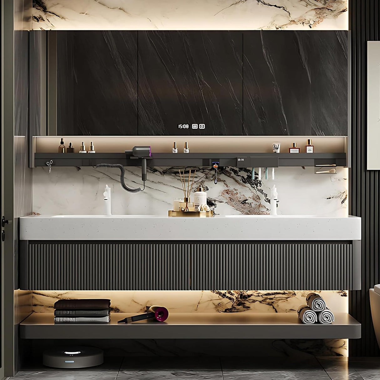 Bathroom Vanity with Double Sink, 60" Modern Bathroom Vanity Cabinet with Anti-Fog LED Mirror Cabinet, Solid Wood Floating Vanities with Dual Sink, Wall Mounted Bathroom Sink Vanity - Black Striped LUTHXAY