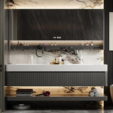 Bathroom Vanity with Double Sink, 60" Modern Bathroom Vanity Cabinet with Anti-Fog LED Mirror Cabinet, Solid Wood Floating Vanities with Dual Sink, Wall Mounted Bathroom Sink Vanity - Black Striped LUTHXAY