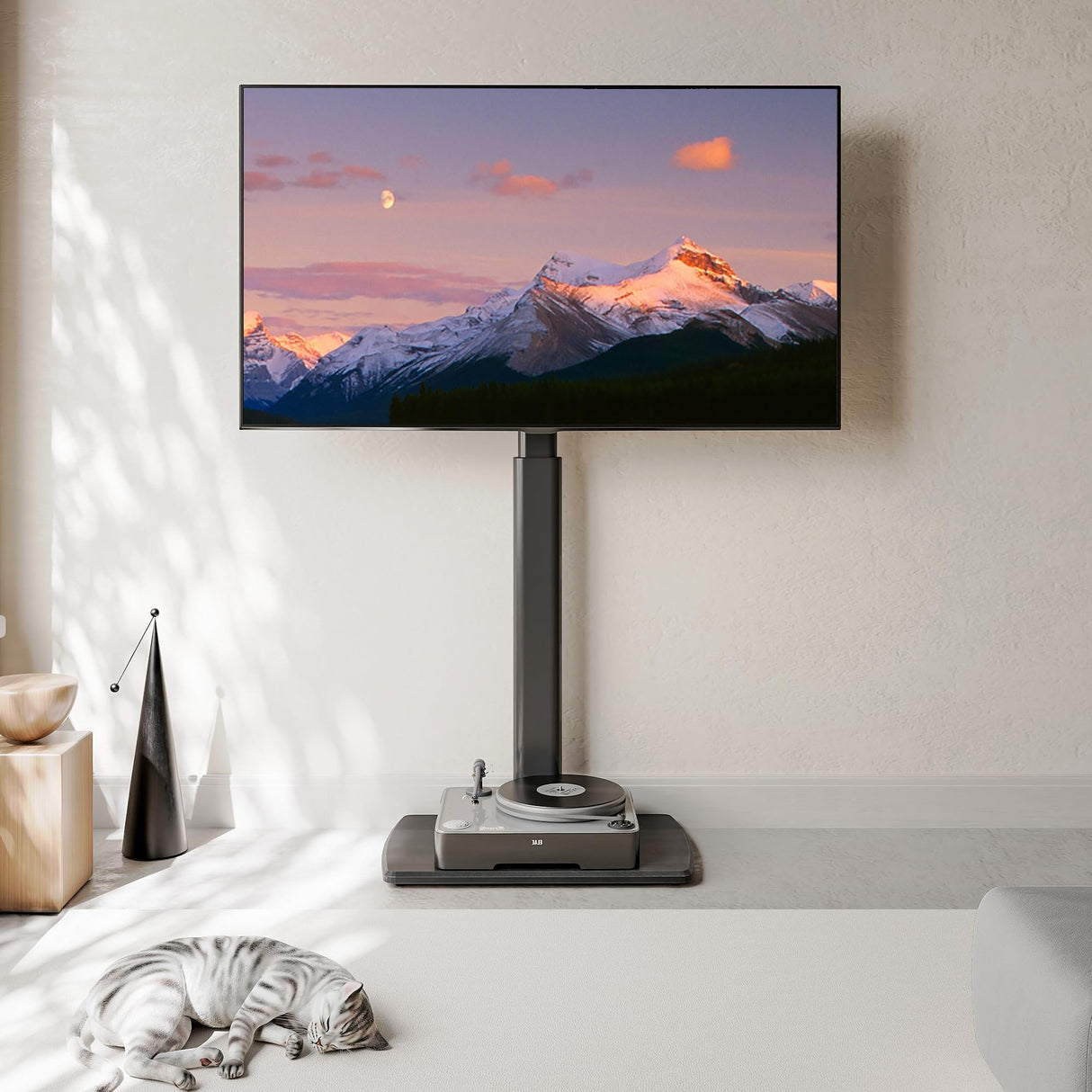 FITUEYES Floor TV Stand for Living Room, Bedroom, Tall Corner TV Stand Mount with Sturdy Wood Base for 32 to 70 Inch TVs, Swivel, Height Adjustable, Holds 40kgs, Black FITUEYES