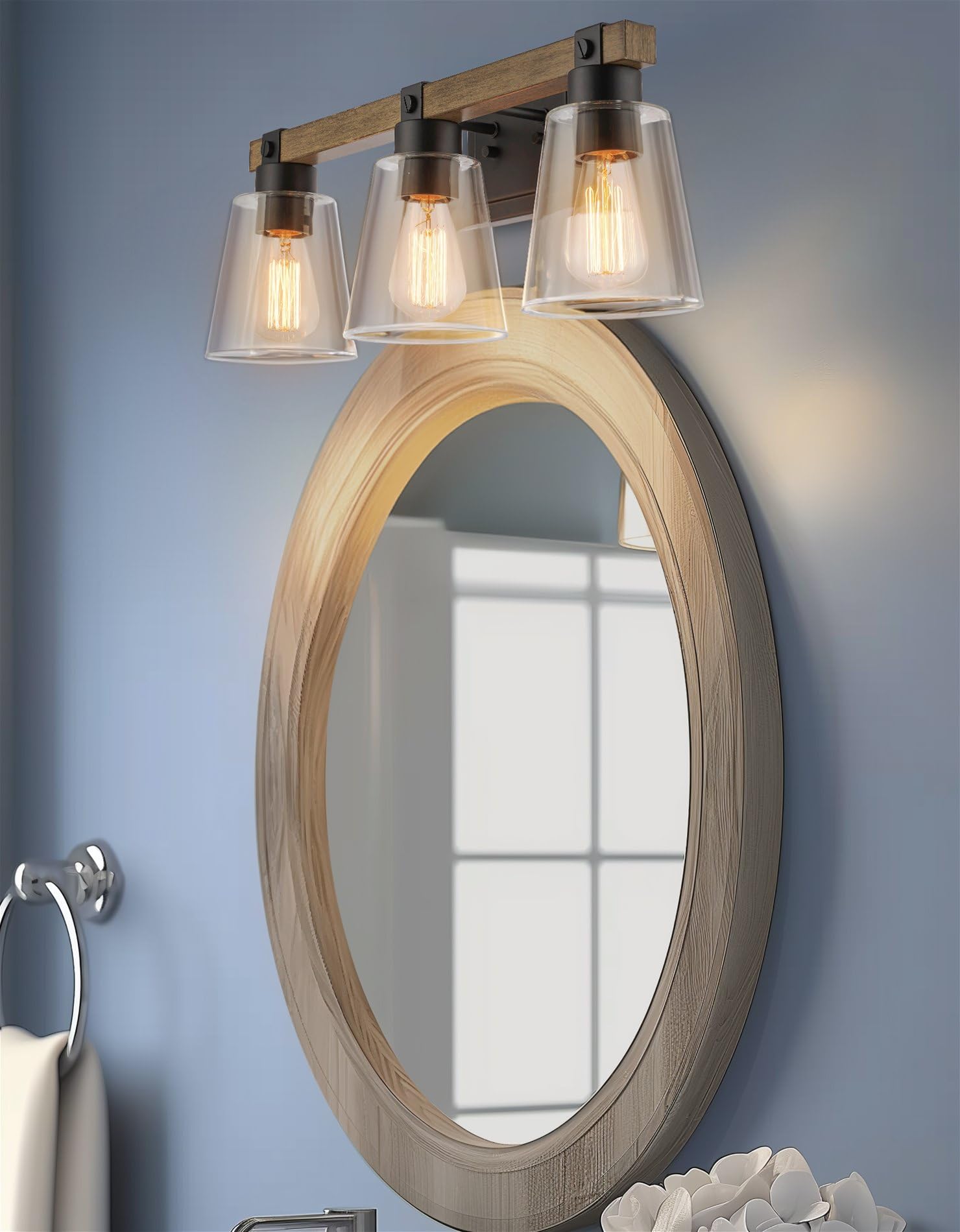 Kira Home Asher 23" 3-Light Farmhouse Vanity/Bathroom Light + Funnel Glass Shades, Smoked Birch Wood Style + Black Finish - WoodArtSupply