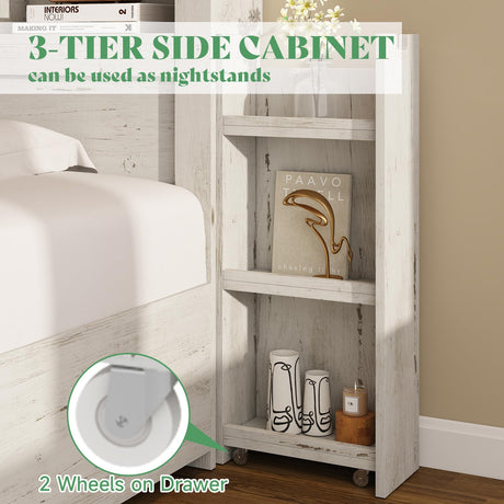 AMERLIFE Queen Bed Frame with 4 Storage Drawer, LED Bed Frame with 49.6" Tall Bookcase Headboard, Wood Platform Bed with Charging Station & 2 Slide Bedside Shelf, No Box Spring Needed/Distressed White AMERLIFE