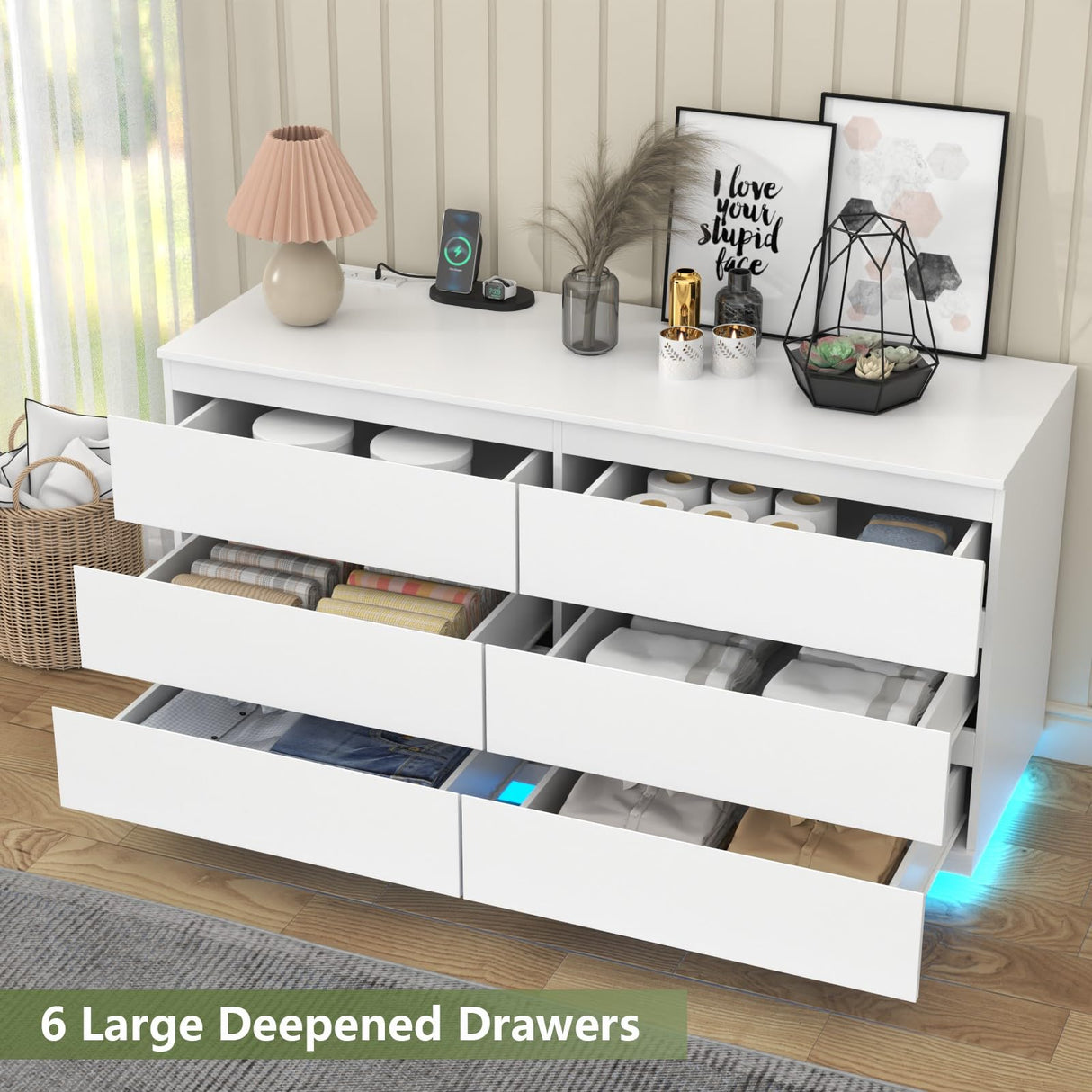 Gyfimoie 6 Drawer Dresser with Power Outlet, Floating White Dresser Chest of Drawer with LED Light,Modern Double Wide Drawer Organizer Cabinet for Bedroom,Living Room (White) Gyfimoie