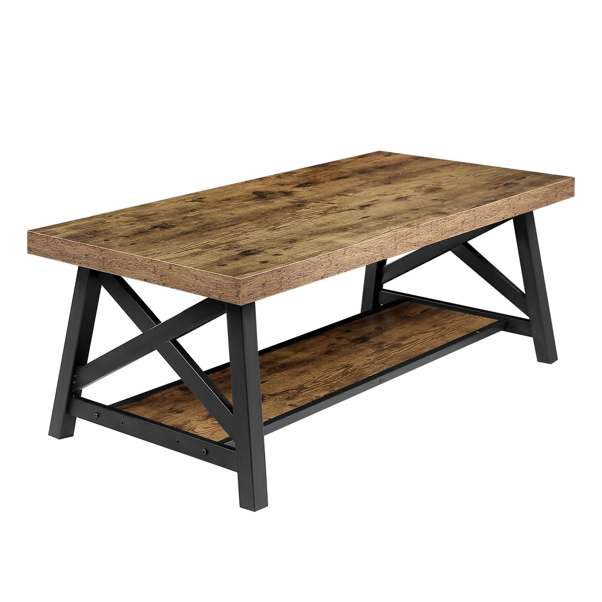 iWEDN 47'' Large Wood Coffee Table with Storage Shelf, Farmhouse Coffee Table with X-Shaped Legs, Rustic Brown Metal Rectangle Center Living Room Coffee Table Accent Furniture for Home iWEDN