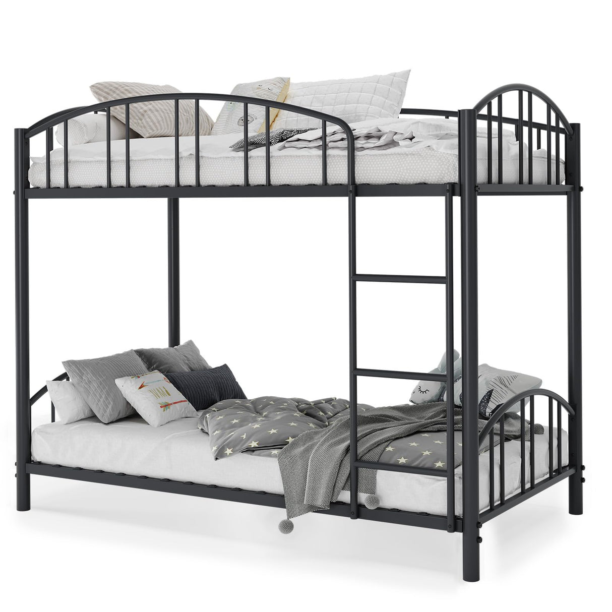 Garvee Bunk Bed Twin Over Twin with Ladder and Arched Guardrail, Heavy Duty Bunkbeds Frame with Sturdy Steel Slats Support for Kids Boys Girls, Space-Saving, No Box Spring Needed, Black Garvee