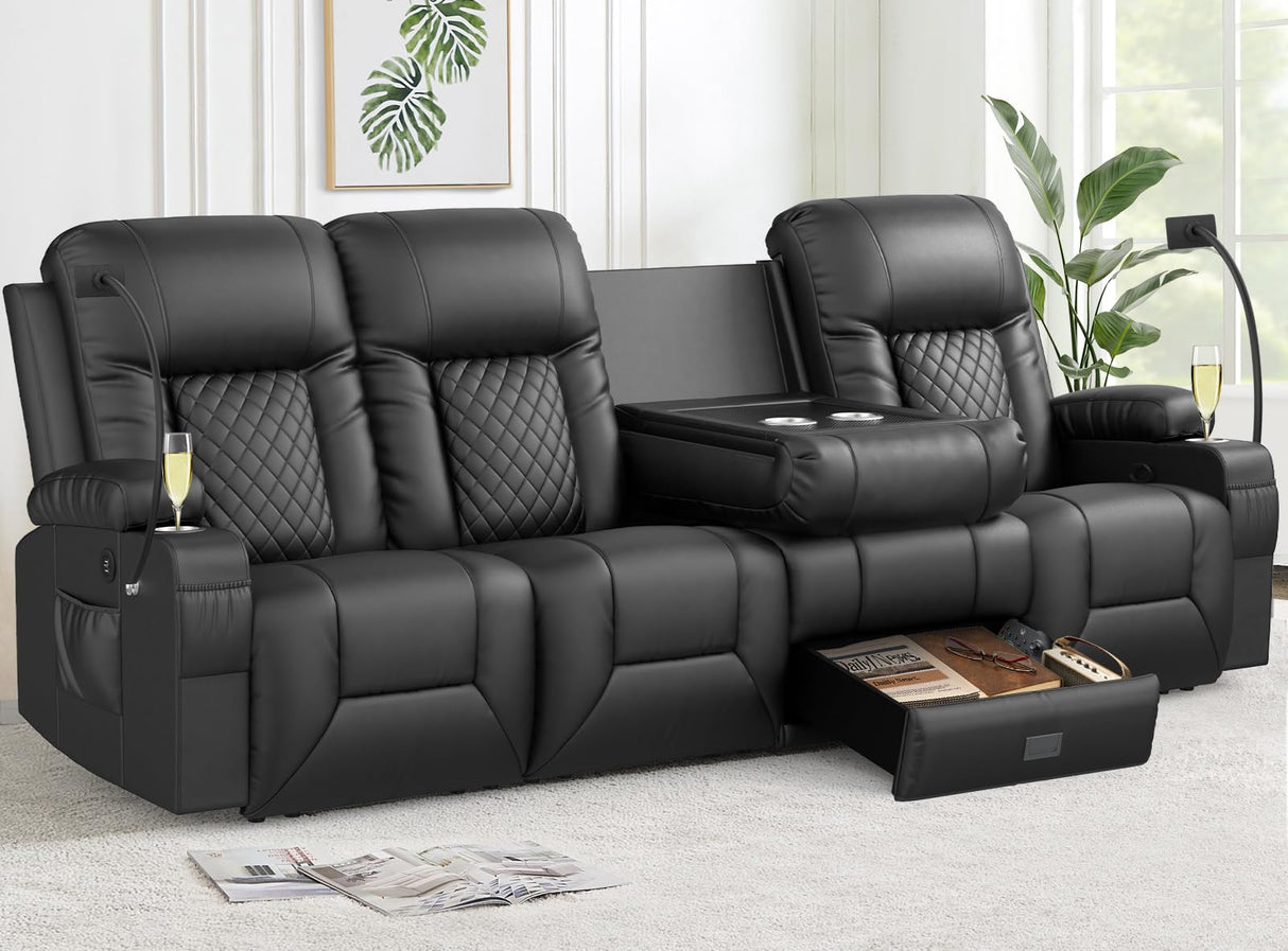 FURNIMAT Recliner Sofa, 4 Seater Dual Reclining Sofa with Flip Back Console, Modern PU Leather Recliner Couch for Living Room/RV, with Storage Drawer, USB Ports, Cup Holder, Cell Phone Holder, Black FURNIMAT