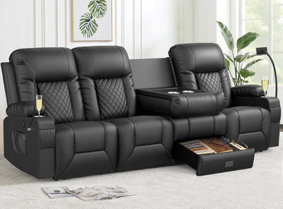FURNIMAT Recliner Sofa, 4 Seater Dual Reclining Sofa with Flip Back Console, Modern PU Leather Recliner Couch for Living Room/RV, with Storage Drawer, USB Ports, Cup Holder, Cell Phone Holder, Black