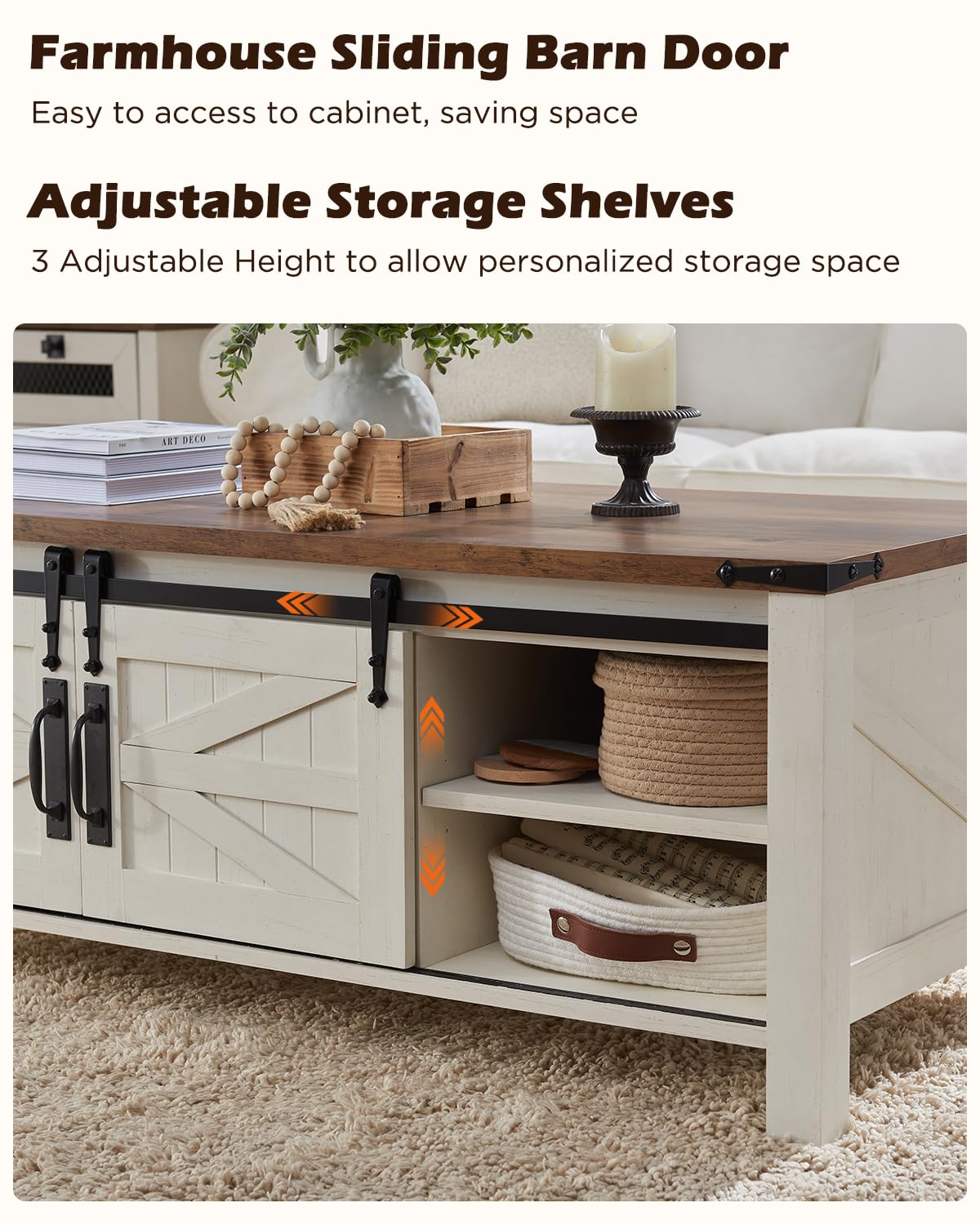 OKD 48" Farmhouse Lift Top Coffee Table with Sliding Barn Door,Rustic Center Table with Hidden Storage Compartment,Lifting Tabletop and Adjustable Shelf for Living Room,Office,Antique White OKD