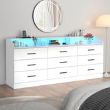 Gyfimoie 9 Drawers Dresser for Bedroom with Power Outlet, Chest of Drawers with LED Light, Modern Dressers with Open Storage Cubby, Triple Wide Dressers Organizer for Living Room (White) Gyfimoie