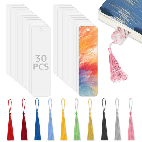 Sublimation Bookmarks Blank 30 Pcs Aluminum Metal Bookmark Bulk DIY Heat Transfer Bookmarks 4.72 X 1.26 Inch with Hole and Colorful Tassels for Crafts Personalized Blank Bookmarks to Decorate Acfunique