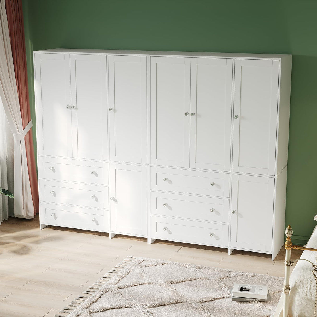 VOWNER Armoire Wardrobe Closet with Drawers and Mirror, 71" Clothing Storage Cabinet with Hanging Rod, 4 Doors Wooden Wardrobe Cabinet for Bedroom, Large Capacity Storage, White VOWNER