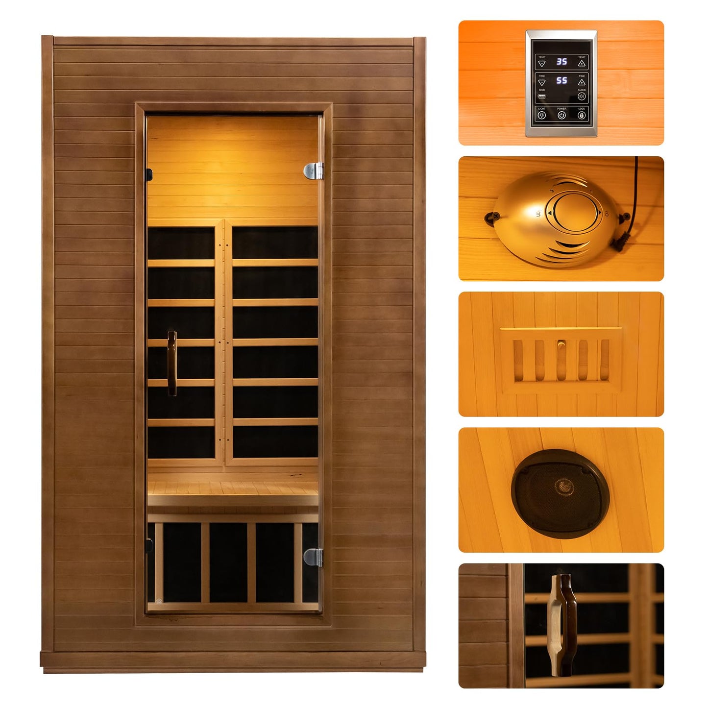 amocane Infrared Sauna 1 to 2 Person Cedar Wood Home Sauna Room, 110V Carbon Fiber Far Infrared Indoor Sauna Spa, Color Lights, Dry Sauna with Bluetooth(L 47.2" x W 41.3" x H 77.9")