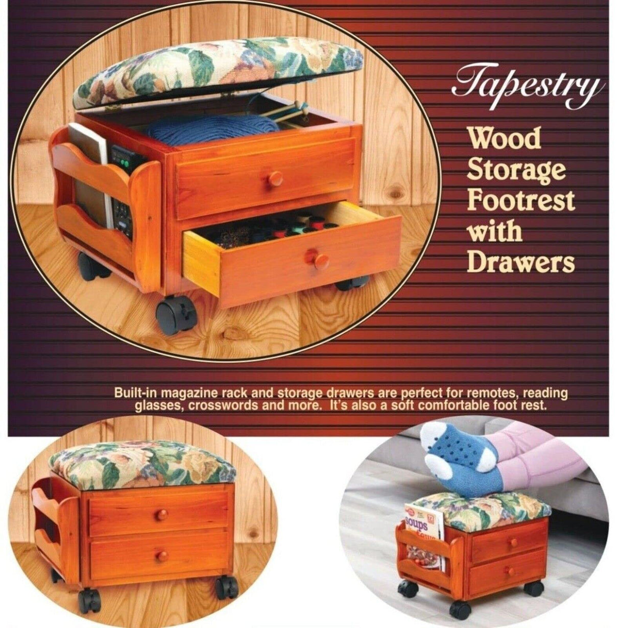 TSF TOYS Foot Stool, Footrest Small Ottoman Stool, Elevated with Rolling Wheels- Wooden Walnut Storage Drawer and Magazine Rack (Tapestry with Storage) TSF TOYS