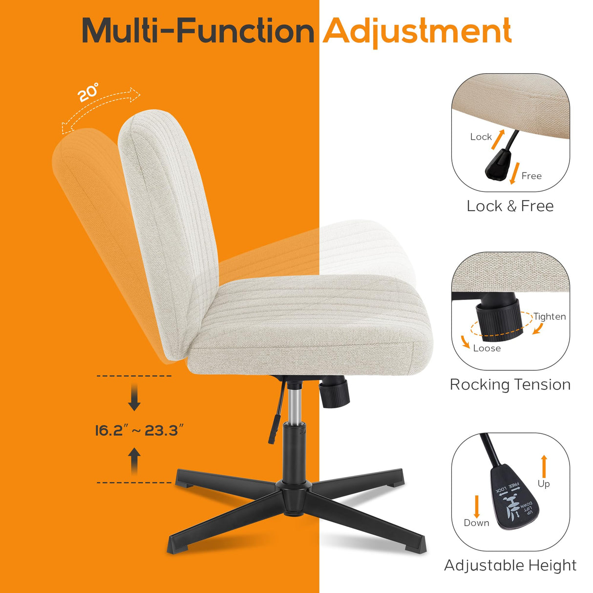 DUMOS Criss Cross Chair Legged Office Wide Comfy Desk Seat, No Wheels Armless Computer Task Seating, Swivel Vanity Home Height Adjustable DUMOS