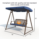 Grand Patio Porch Swing, Outdoor 2-Seat Patio Swing Chair, Adjustable Tilt Canopy, with Removable Cushion, Weather Resistant Powder Coated Painted Woodgrain Frame, Farmhouse Style-Dark Blue Grand patio