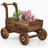 S AFSTAR Wooden Wagon Planter Box, Mobile Garden Planter with 4 Wheels, Handle, Drain Hole, Decorative Flower Planter for Indoor & Outdoor Decor, Wooden Flower Cart for Patio, Garden, Balcony, Brown S AFSTAR