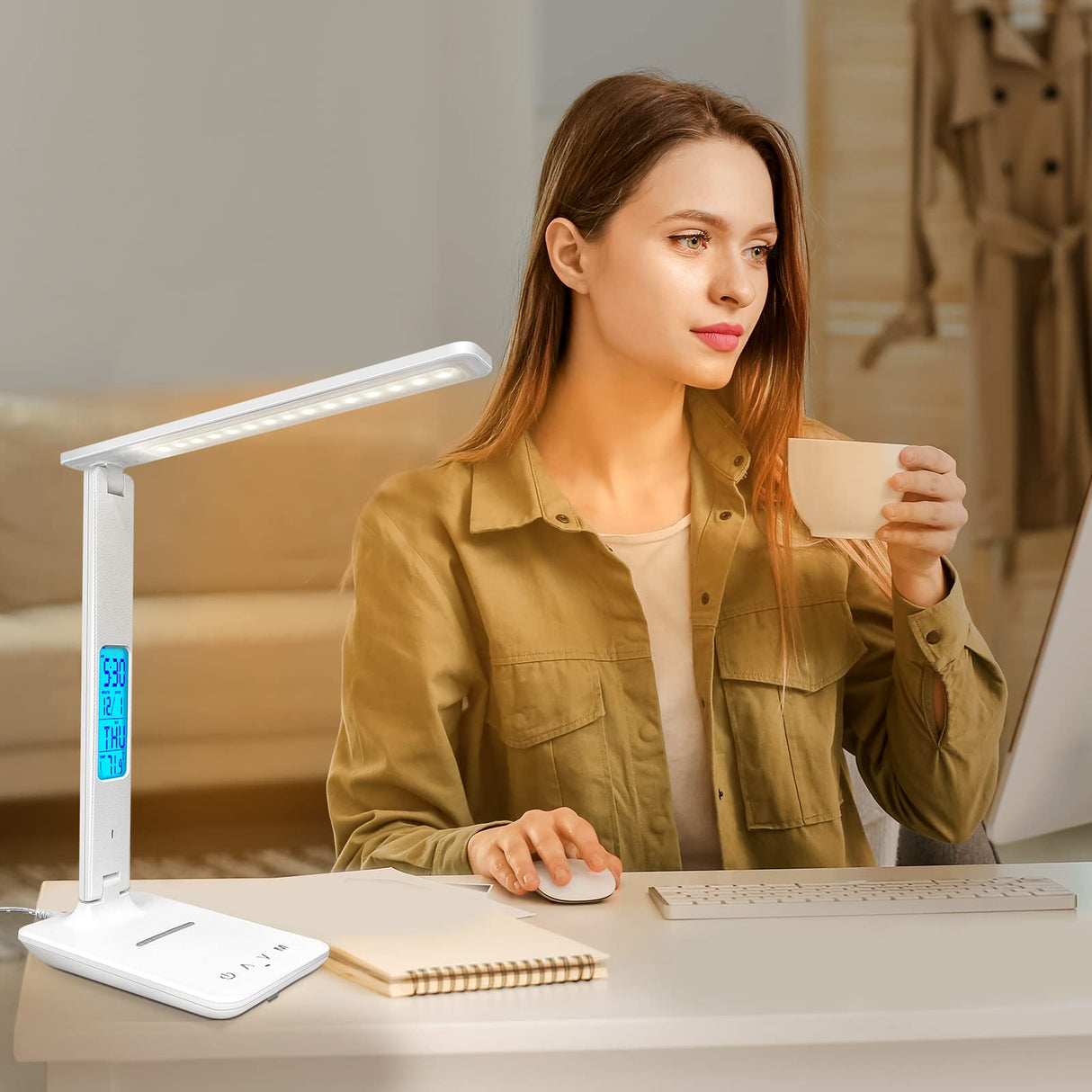 snsok Desk Lamp with Wireless Charger, USB Charging Port, Dimmable Office Desk Light with Clock, Alarm, Date, Temperature, Foldable Lamp for Table Bedroom Bedside Office (White) snsok
