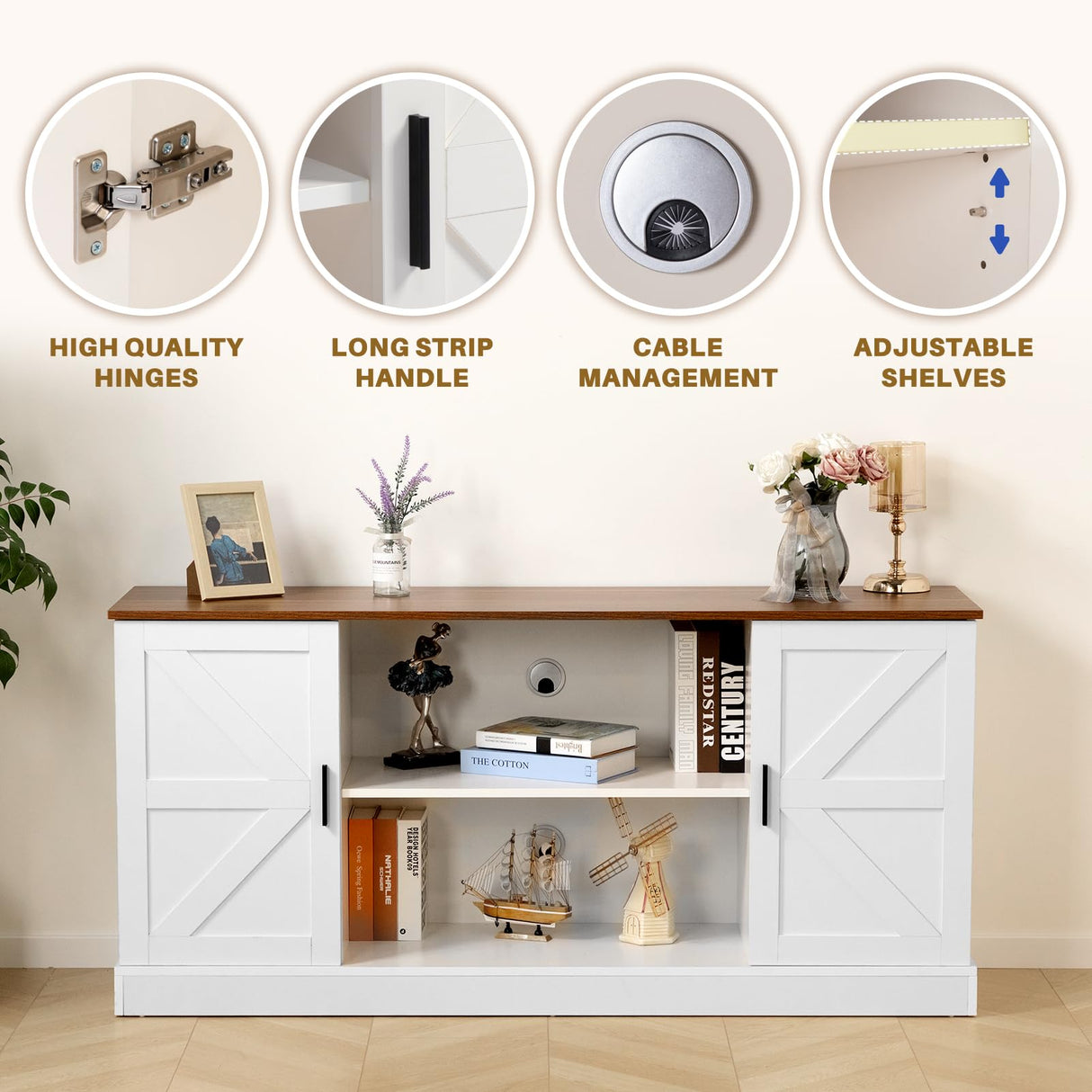 HollyHOME TV Stand for TVs up to 65”, Wood Entertainment Center with Adjustable Storage Shelves, Media TV Console Table for Living Room and Bedroom, White HollyHOME