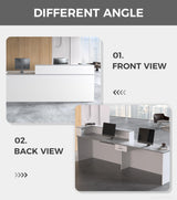 Anzhap L-Shaped Reception Desk with Counter, Front Desk Reception Counter with Drawer, Keyboard Tray & Cable Box for Office, Salon, Lobby, Checkout, Retail(White + Grey/Left, 63" L * 24" W * 39" H) Anzhap