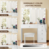 Makeup Vanity Desk with Lighted Mirror & Power Outlet & 5 Drawers, Vanity Table with 3 Lighting Modes Brightness Adjustable, Sliding Storage, White Vanity Set for Bedroom SMOOL