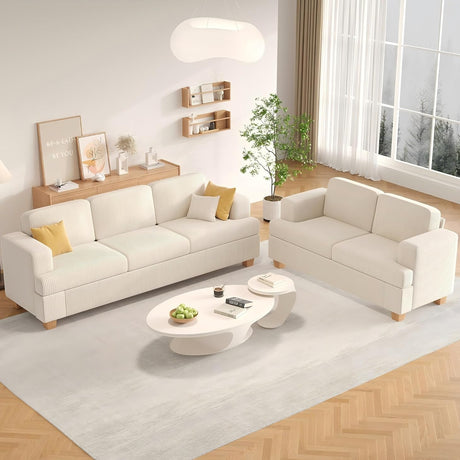 Apicizon 89'' 3-Seat Sofa Couch with Loveseat, 2 Piece Comfy Sofa Sets for Living Room, Modern Lounge Sofa Sleeper Couch for Apartment with Deep Seat, Living Room Set White Corduroy Apicizon