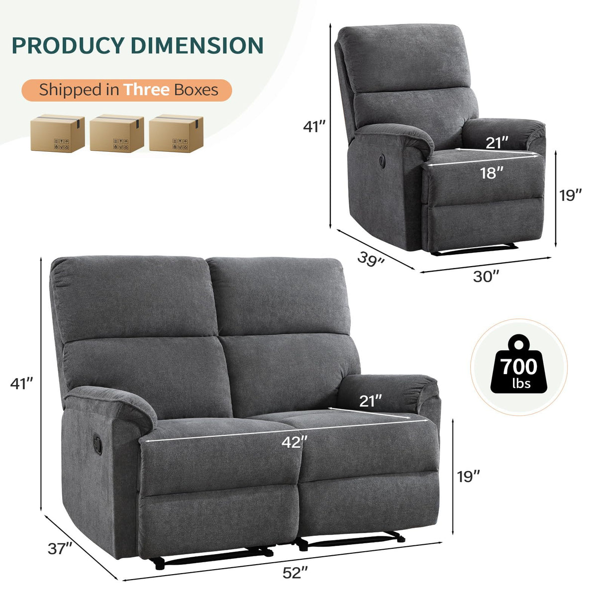 HAOMARKETS Recliner Sofa Set, Power Electric Single Recliner Chair for Adults with USB Port and Manual Reclining 2-Seater Loveseat Sofa for Living Room HAOMARKETS