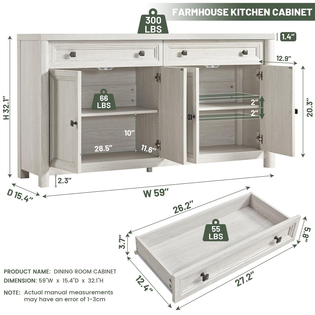 Standifurno Farmhouse Sideboard Buffet with Drawers, 59" Large Credenza Storage Cabinet with Shelves & 4 Doors, Wood Rustic Kitchen Coffee Bar Console for Living Room, White Standifurno