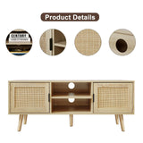Anmytek Farmhouse Rattan TV Stand Modern Wood Media Entertainment Center Console Table for TVs up to 55 Inches with 2 Doors and 2 Open Shelves, Natural Oak, H0015 Anmytek