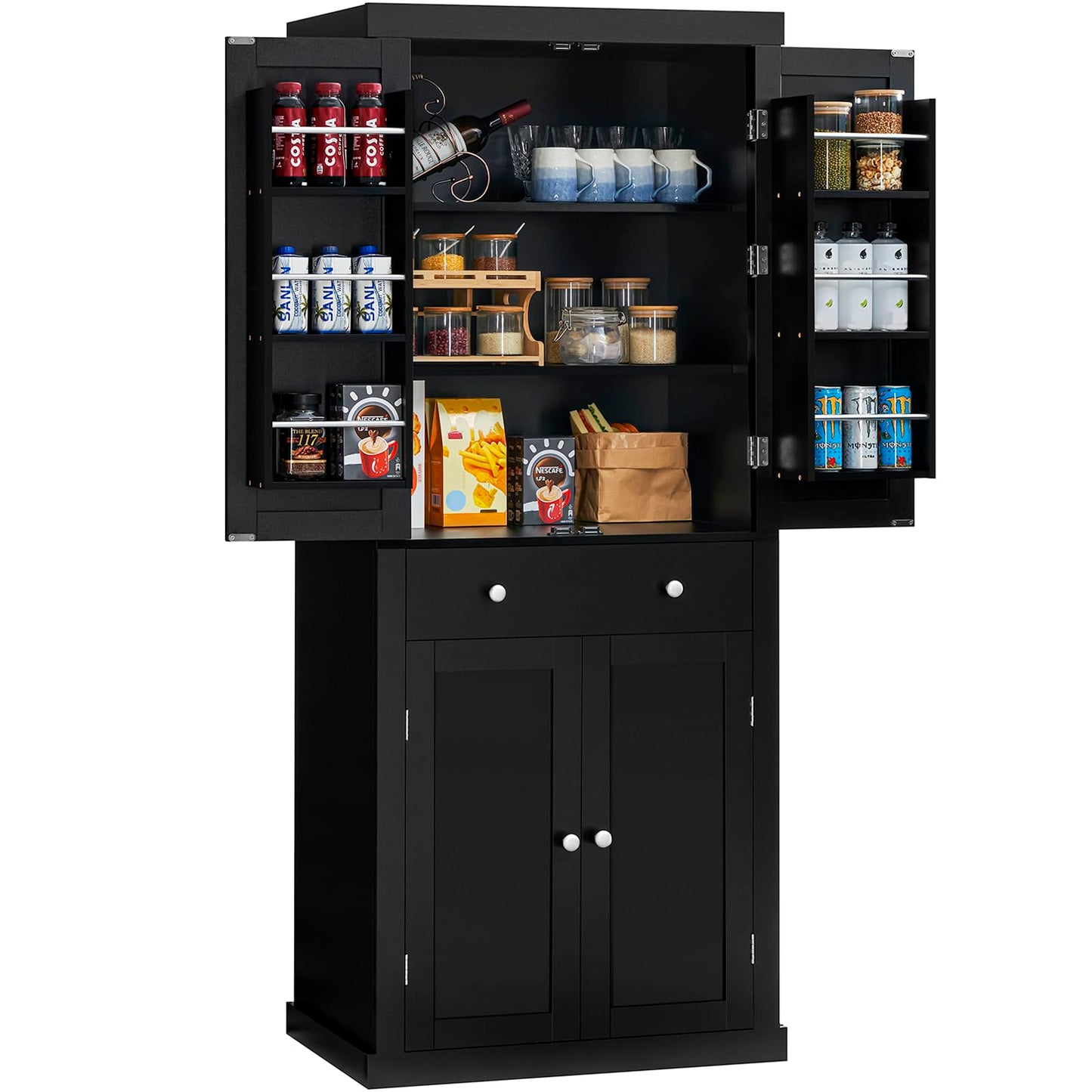 usikey 72” Kitchen Pantry Cabinet, Tall Storage Cabinet with 4 Doors and 1 Drawer, Freestanding Cupboard with 6 Hanging Shelves and Adjustable