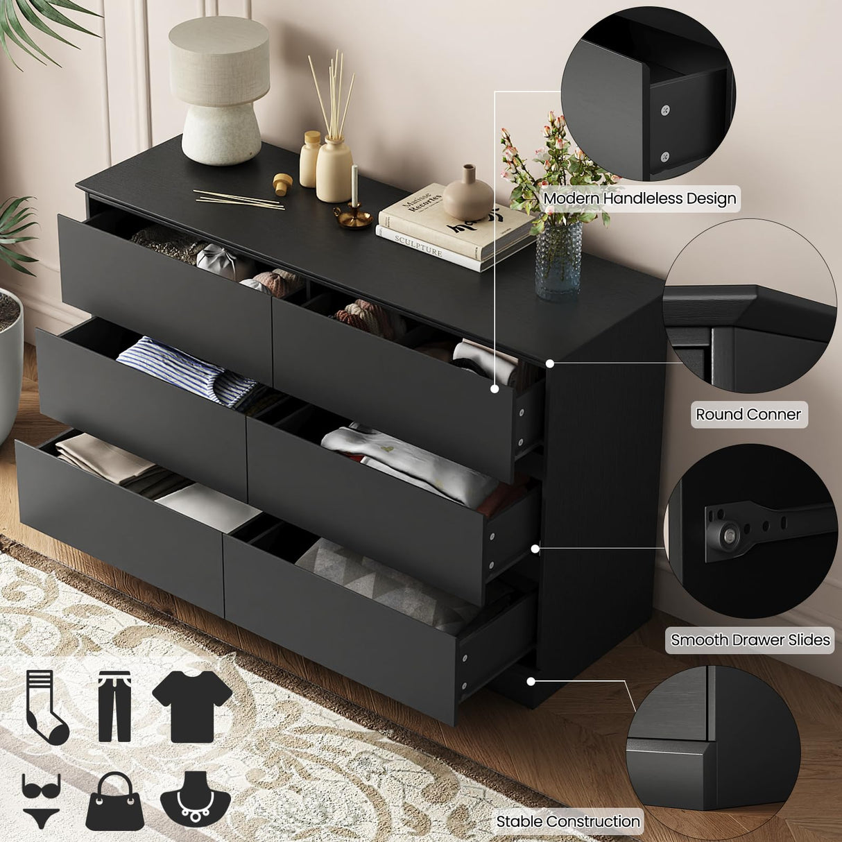 Seeday Dresser for Bedroom, Modern Wooden Dresser Closet Dressers,6 Drawer Dressers for Living Room, Entryway, or Hallway, Black Seeday