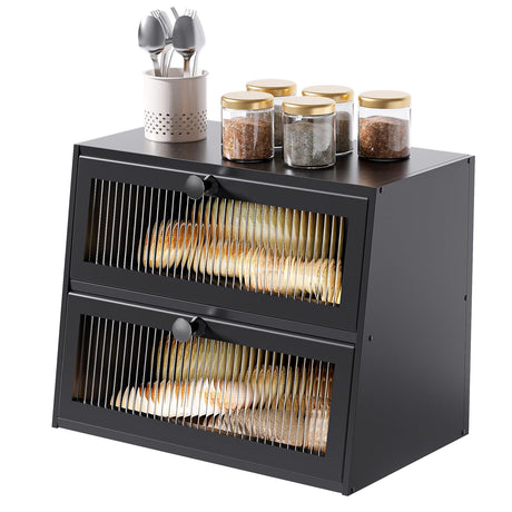 JUATPNIY Bread Boxes for Kitchen Counter Airtight Bread Storage Bread Container Large Wooden Farmhouse Bread Box with Window (Black) JUATPNIY