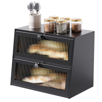 JUATPNIY Bread Boxes for Kitchen Counter Airtight Bread Storage Bread Container Large Wooden Farmhouse Bread Box with Window (Black)