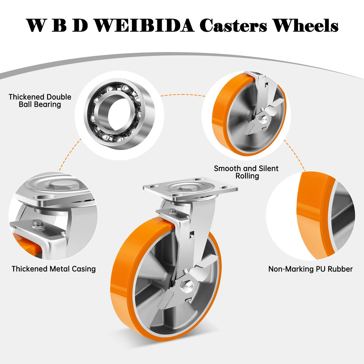 W B D WEIBIDA 8-Inch Industrial Grade Casters Wheels, Heavy Duty Casters Set of 4 with Brake 6000 LBS, Maintenance-Free Polyurethane on Aluminum Wheels, Plate Swivel Casters for Industrial W B D WEIBIDA