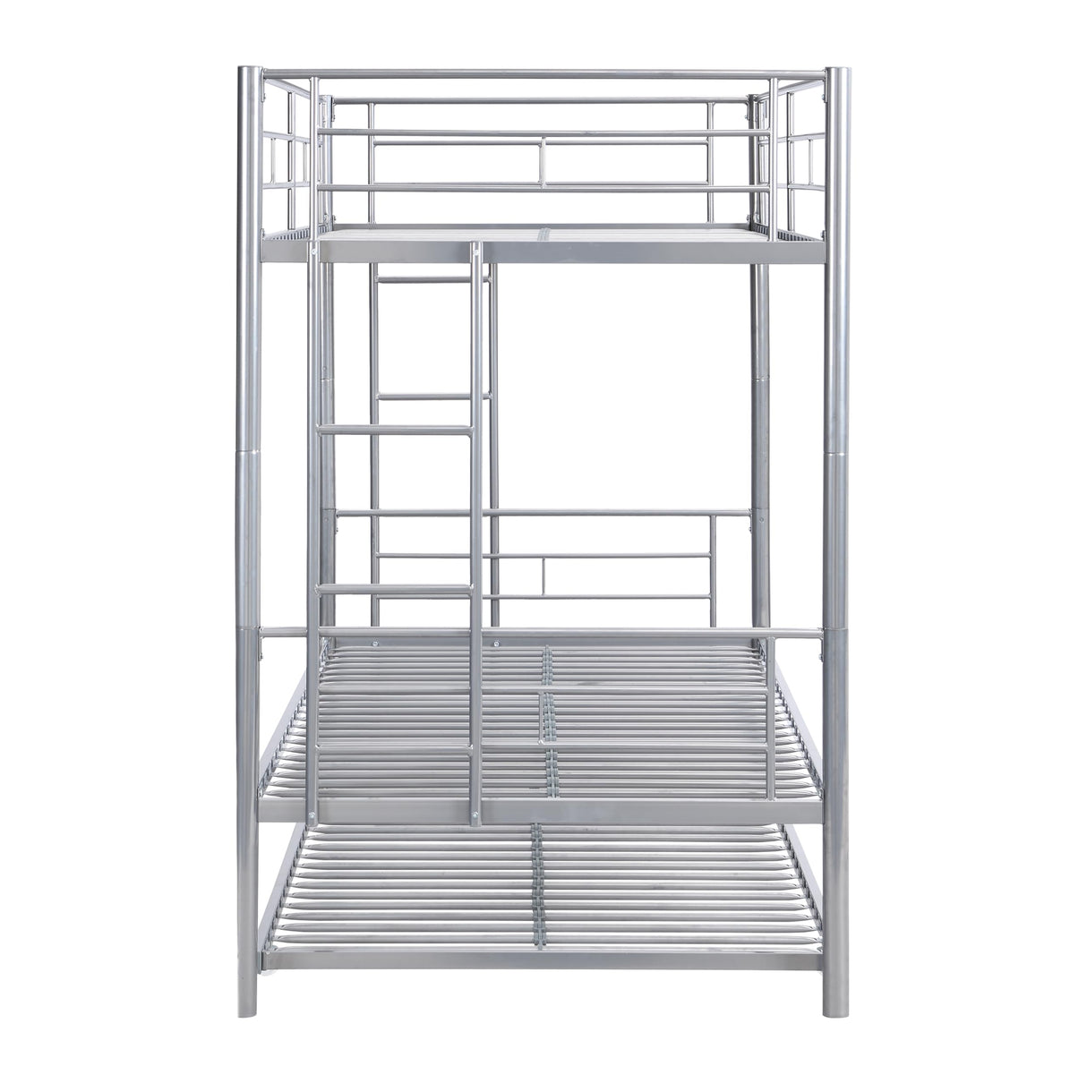 KEIKI Twin Over Twin Size Metal Detachable Bunk Bed Frame with 2 Side Ladder, Trundle and Guardrail, Modern Style Bunk Beds with Slats, No Box Spring Required, Easy Assembly, for Bedroom, Silver KEIKI