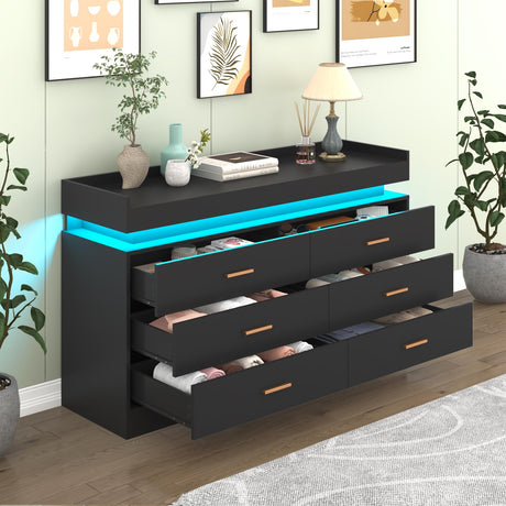 Hlivelood 6 Drawer Dresser with LED Light, Modern Chest of Drawers for Closet, Wide Drawer Organizer Cabinet for Bedroom, Living Room, Entryway, Hallway(Black) Hlivelood
