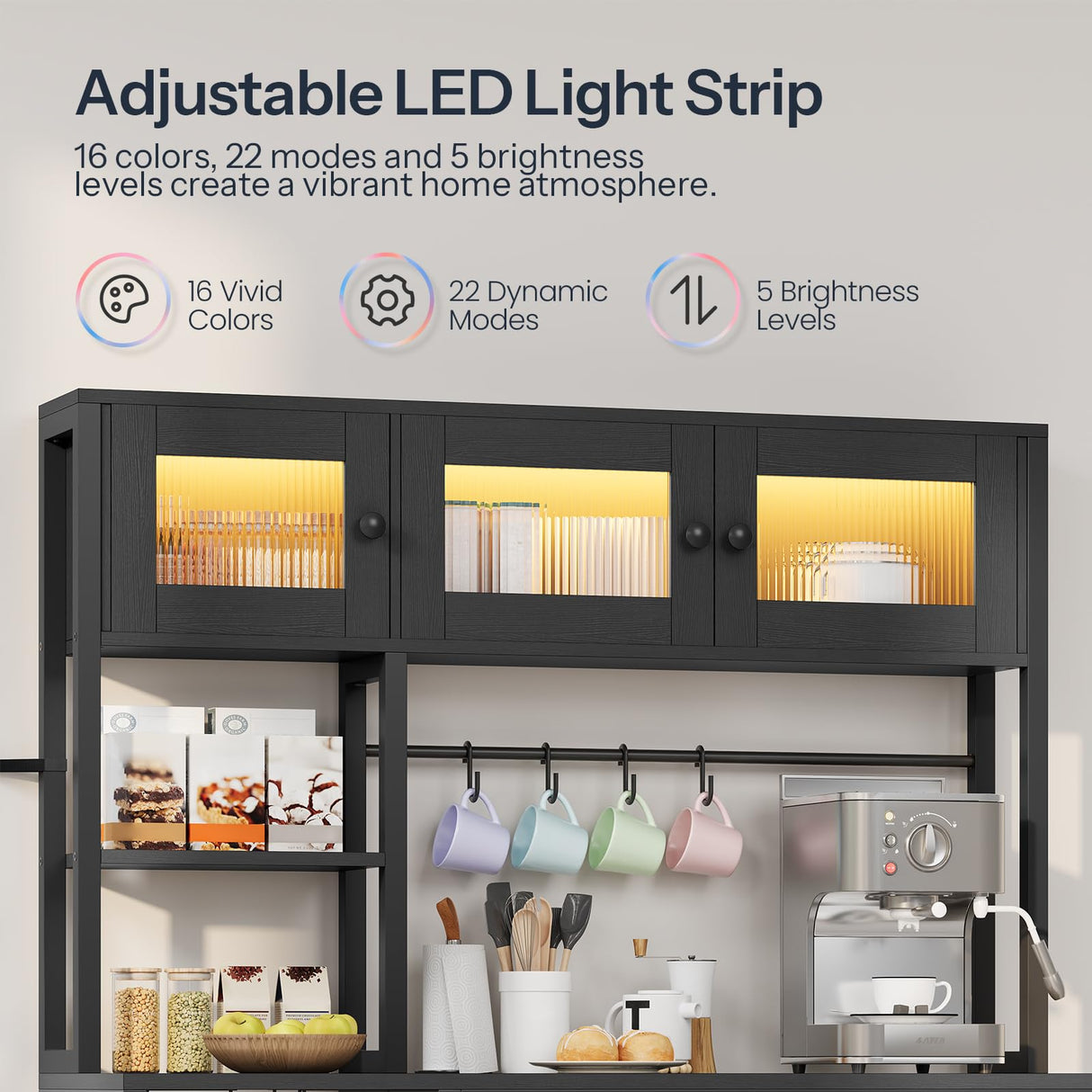 HOOBRO Bakers Rack with Power Outlet and LED Light, 45.3 Inch Microwave Stand with Shelves, Coffee Bar Cabinet with Wine Rack & 4-S Hooks, Kitchen Utility Storage Shelf with Cabinet, Black BB16UDHB01 HOOBRO