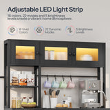 HOOBRO Bakers Rack with Power Outlet and LED Light, 45.3 Inch Microwave Stand with Shelves, Coffee Bar Cabinet with Wine Rack & 4-S Hooks, Kitchen Utility Storage Shelf with Cabinet, Black BB16UDHB01 HOOBRO