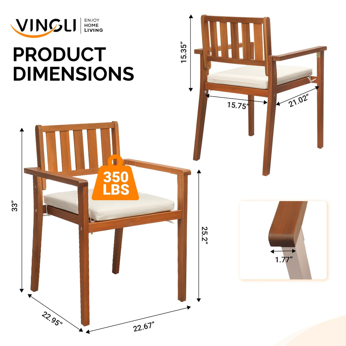 VINGLI Stackable Wooden Patio Dining Chairs – Set of 4, Durable Acacia Wood Outdoor Dining Chairs with Cushions and Comfortable Armrests – Perfect for Porch, Garden, Balcony, Pool, and Indoor VINGLI