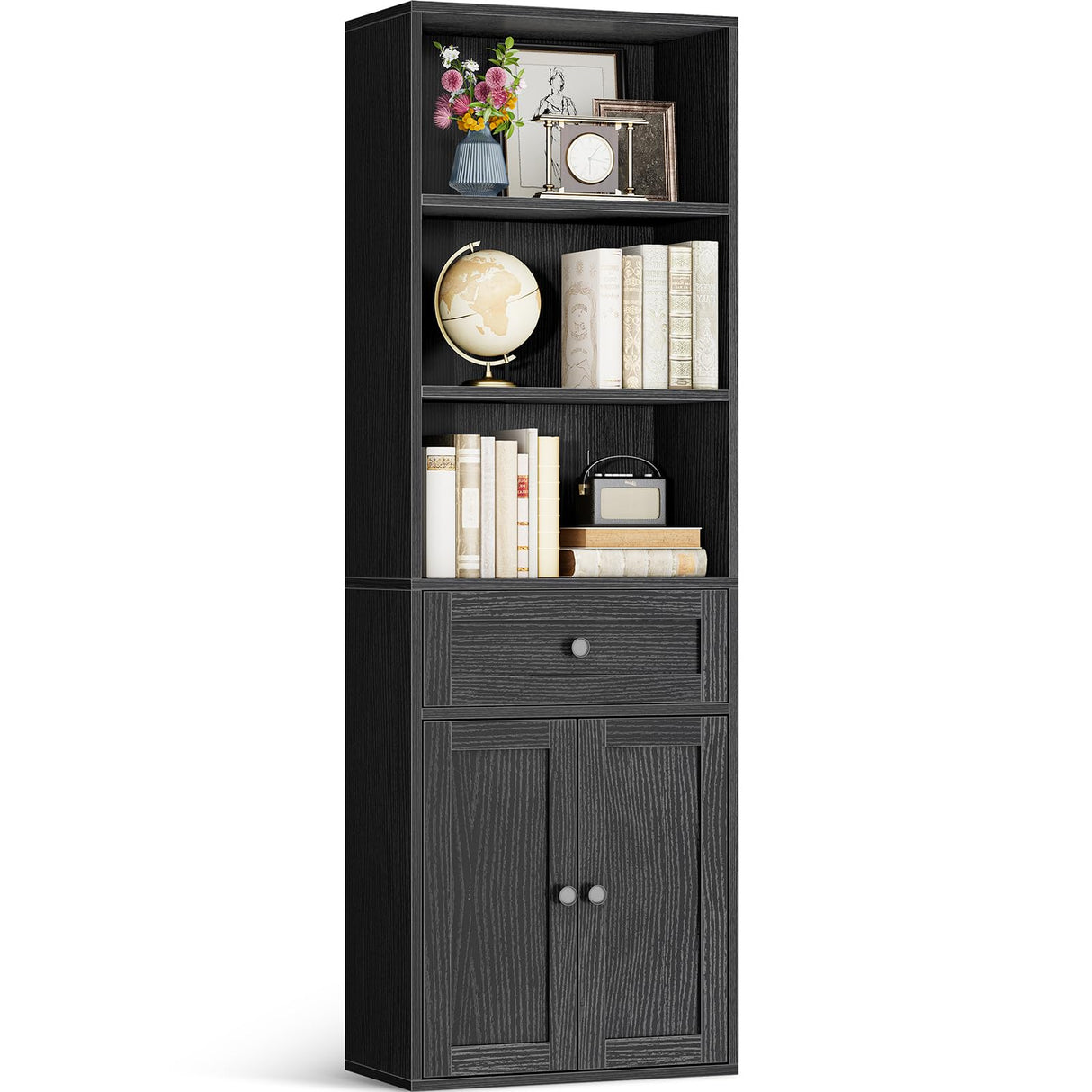 Casaottima Book Shelf & Bookcase with Doors and Drawer, 6-Tier Tall Bookshelf, Floor Standing Display Storage Shelves for Home Office, Living Room, Black Casaottima